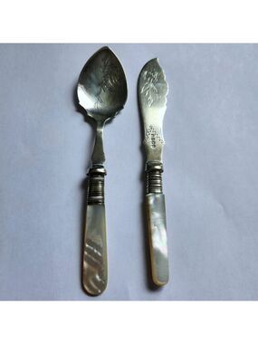 Antique EPNS Preserve Knife & Spoon Set Mother of Pearl Handles 6 1/8"